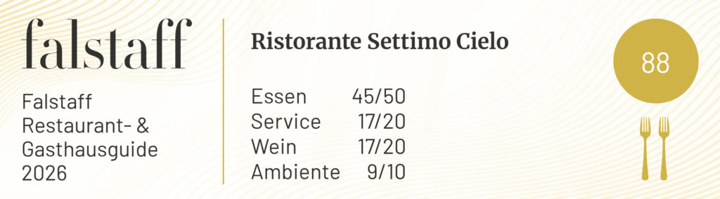 Rooftop Restaurant Settimo Cielo in Wien mit 88 Punkten im Falstaff Restaurant- und Gasthausguide 2026.

🔸 TITLE-Text: